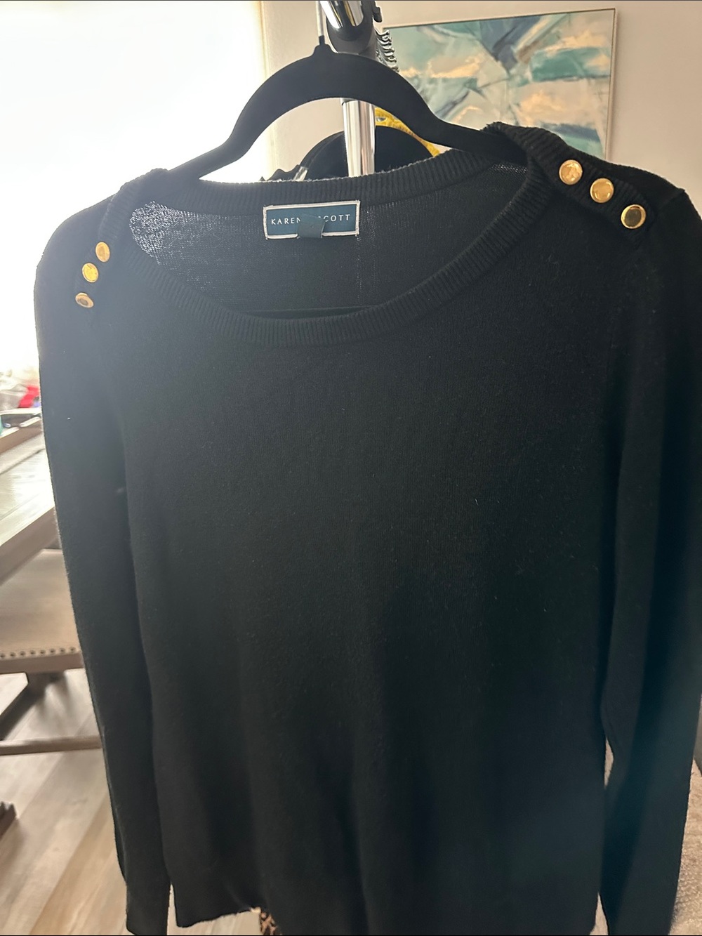 Karen Scott Black Crewneck Sweater with Gold Shoulder Buttons